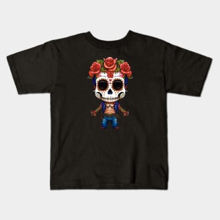 Sugar Skull Art - Chibi Boy with Red Roses in Hair and Flower Petal Fingers Kids T-Shirt